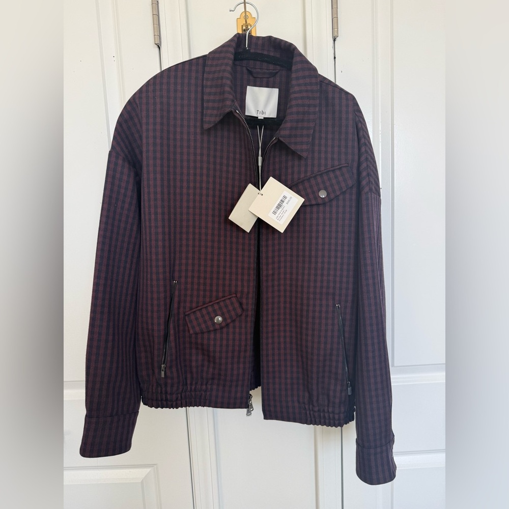 Tibi Jules Wool Gingham Bomber in Wine/Navy Multi